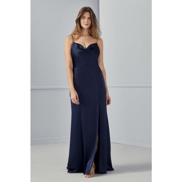 Amsale Chloe Navy Sleeveless Draped Slit Full Length Bridesmaid Cocktail Gown 8 - Picture 1 of 7
